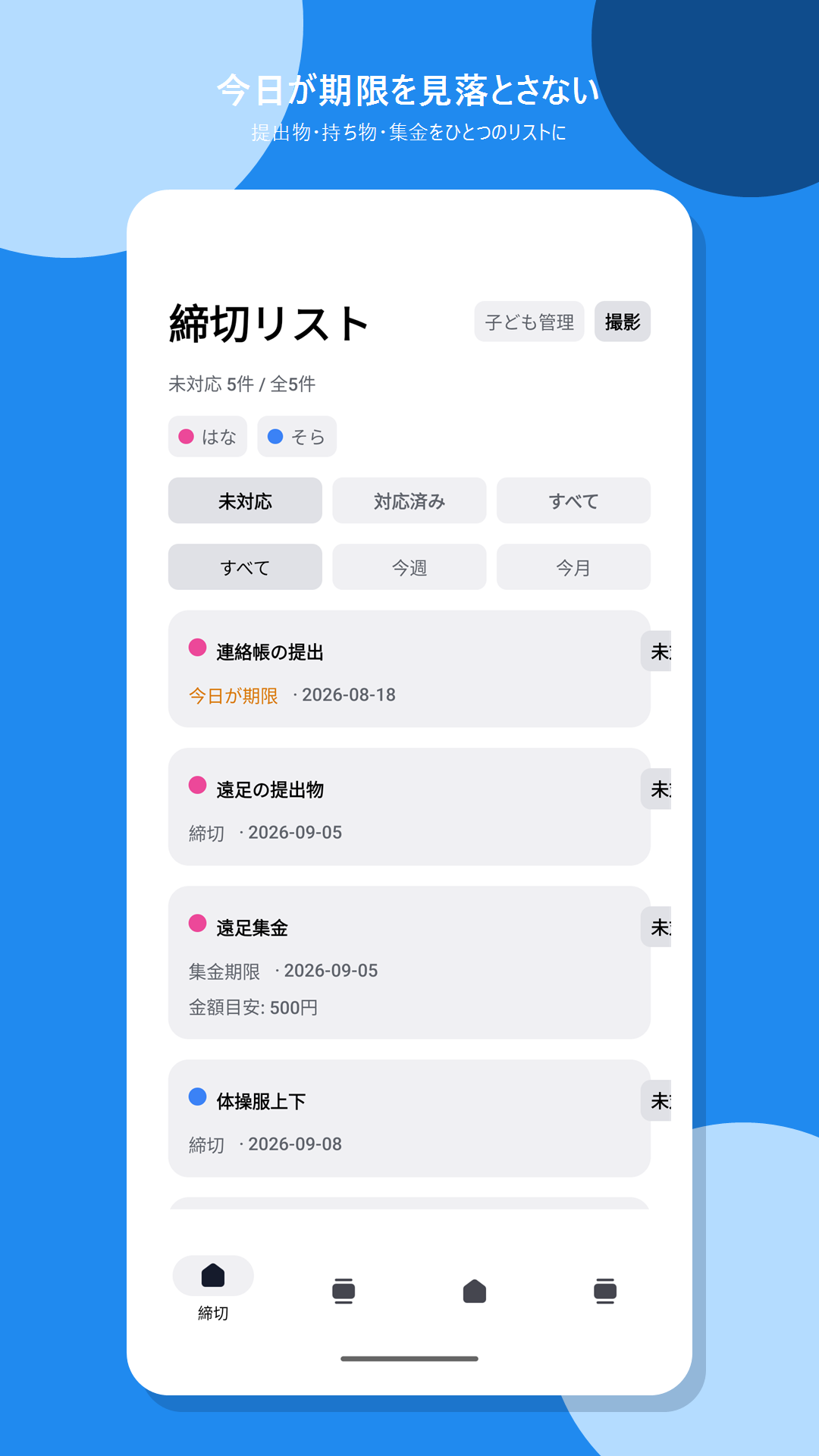締切リスト画面。今日が期限の項目が強調されている